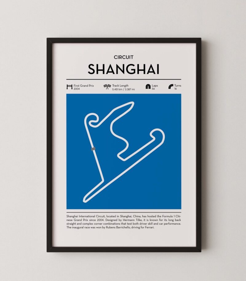 Shanghai racing circuit wall art featuring a clean and modern F1 track map layout