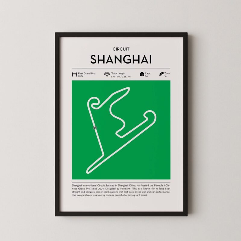 Green Shanghai Formula 1 track map artwork designed for racing and motorsport enthusiasts