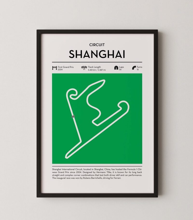 Green Shanghai Formula 1 track map artwork designed for racing and motorsport enthusiasts