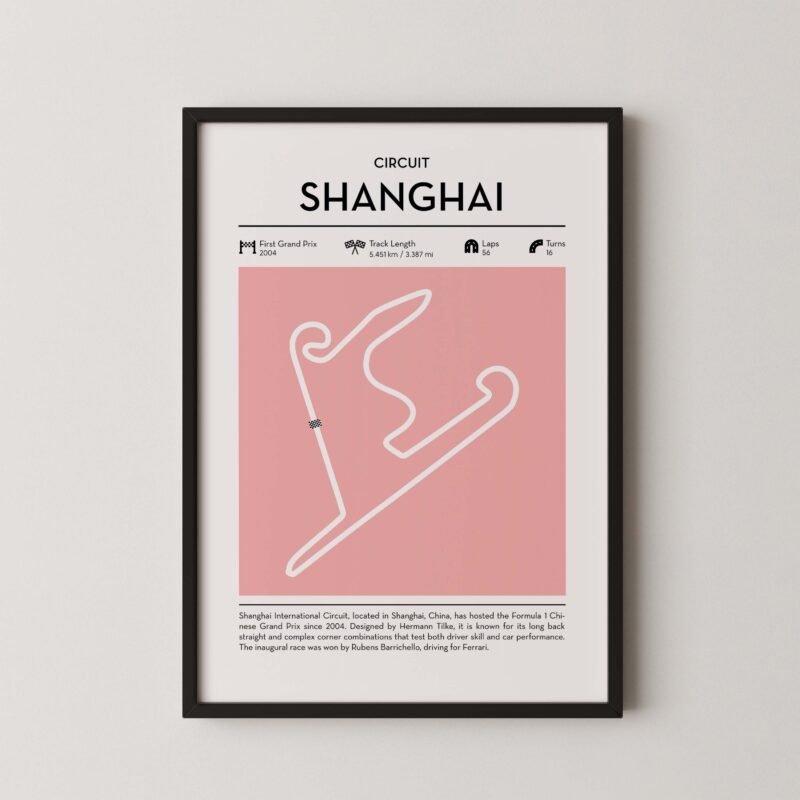 Modern Shanghai Grand Prix circuit poster with minimalist Formula 1 track design