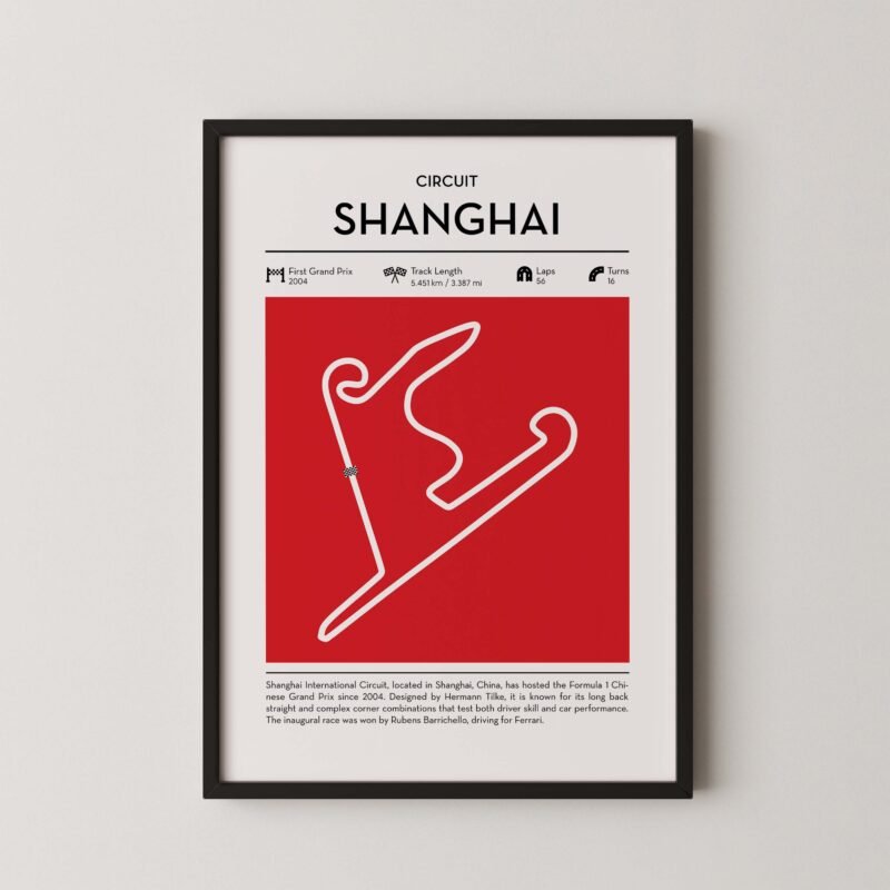 Shanghai Formula 1 circuit map poster in red color minimalist racing wall art
