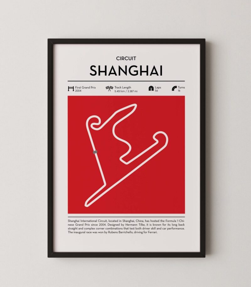 Shanghai Formula 1 circuit map poster in red color minimalist racing wall art