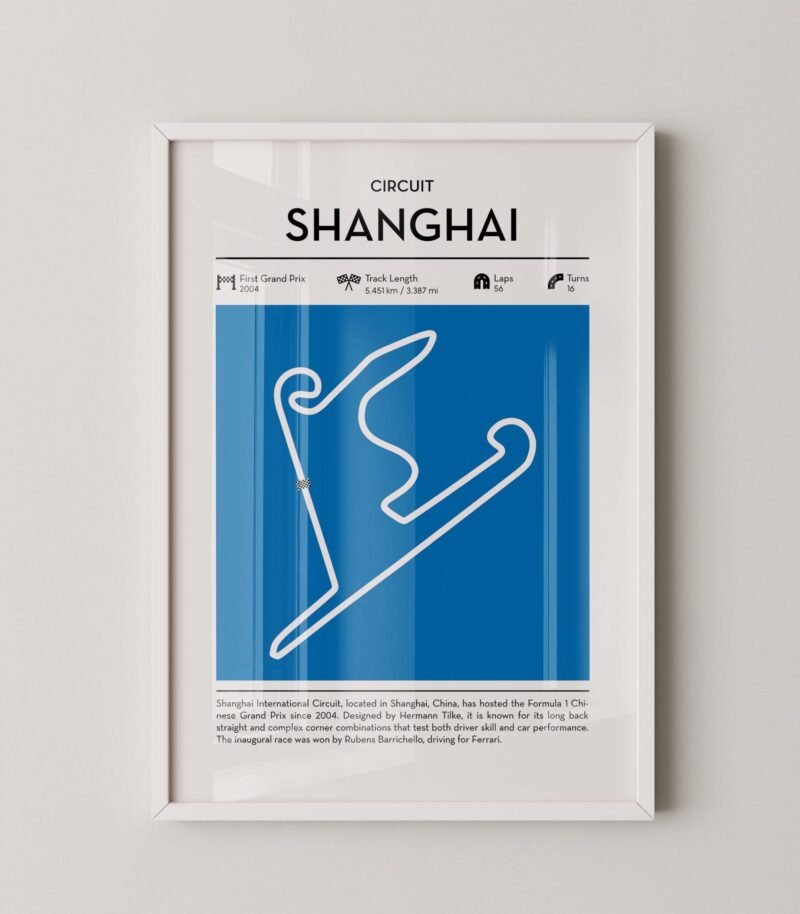 Shanghai racing circuit wall art featuring a clean and modern F1 track map layout