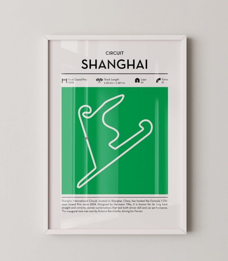 Green Shanghai Formula 1 track map artwork designed for racing and motorsport enthusiasts