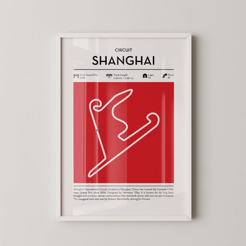 Shanghai Formula 1 circuit map poster in red color minimalist racing wall art