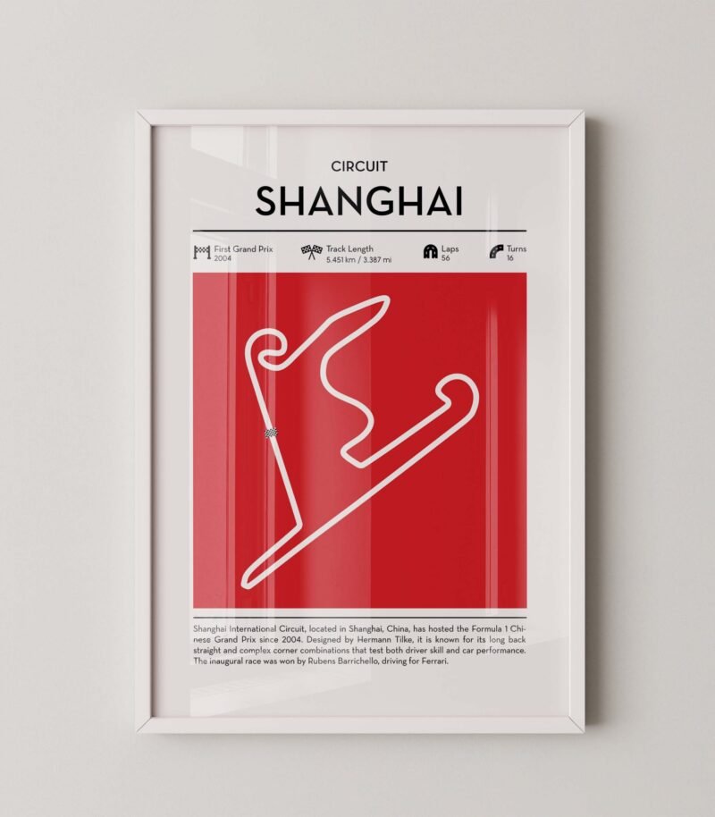 Shanghai Formula 1 circuit map poster in red color minimalist racing wall art
