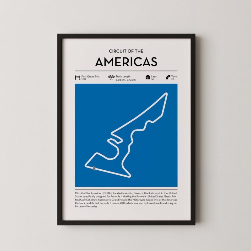 austin racing circuit wall art featuring a clean and modern F1 track map layout