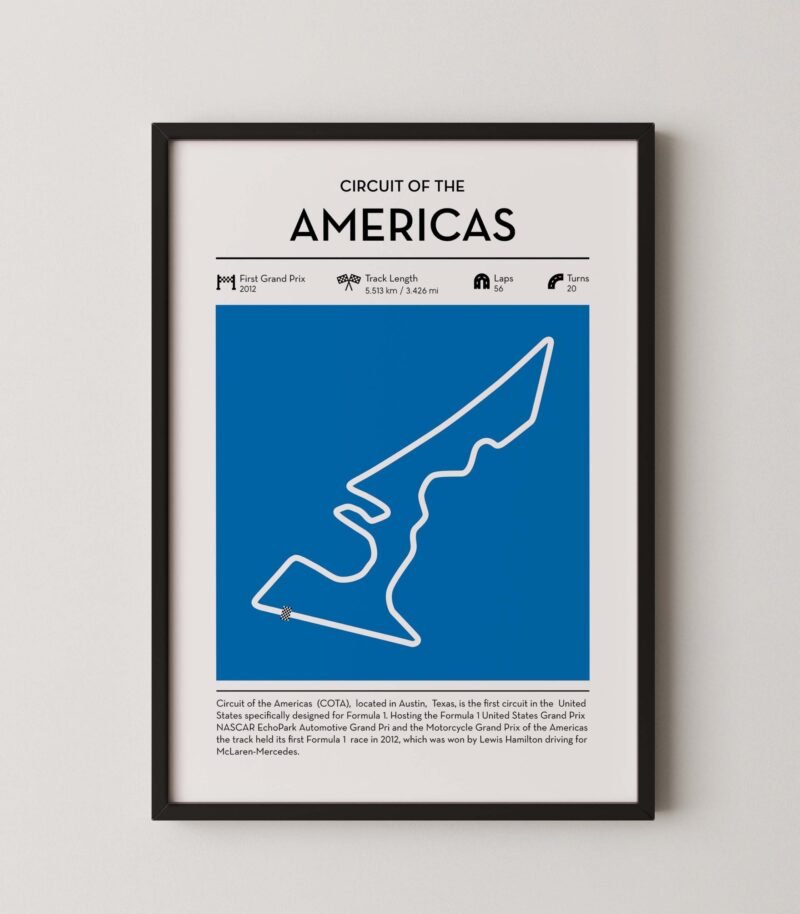 austin racing circuit wall art featuring a clean and modern F1 track map layout