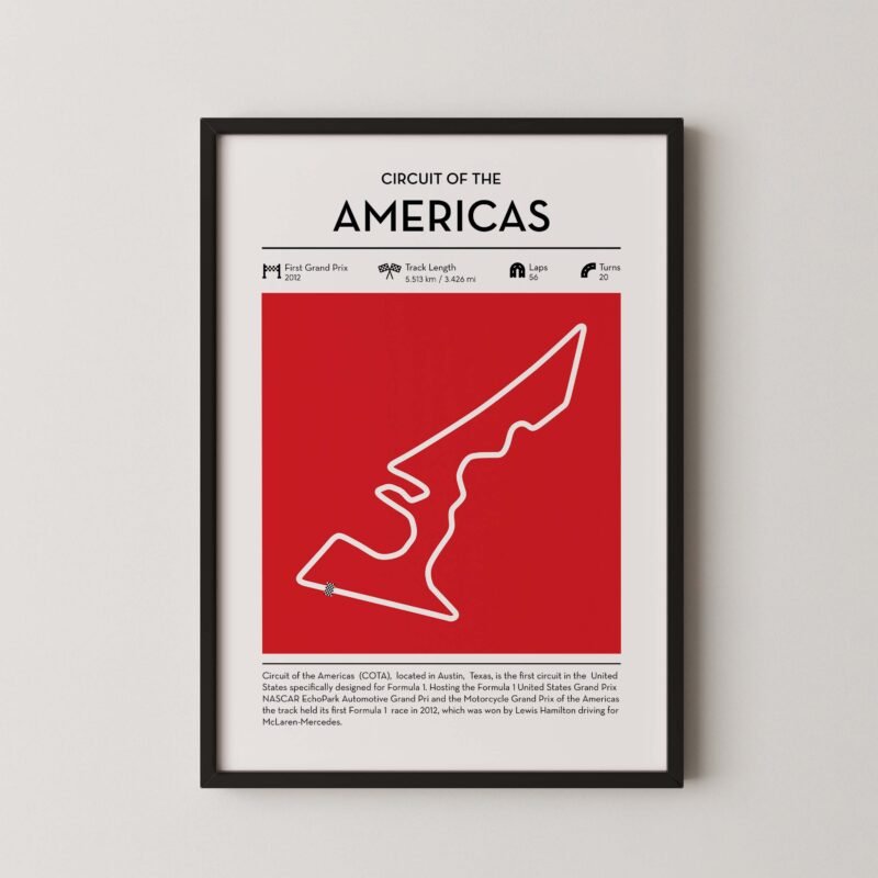 Circuit americas Formula 1 circuit map poster in red color minimalist racing wall art