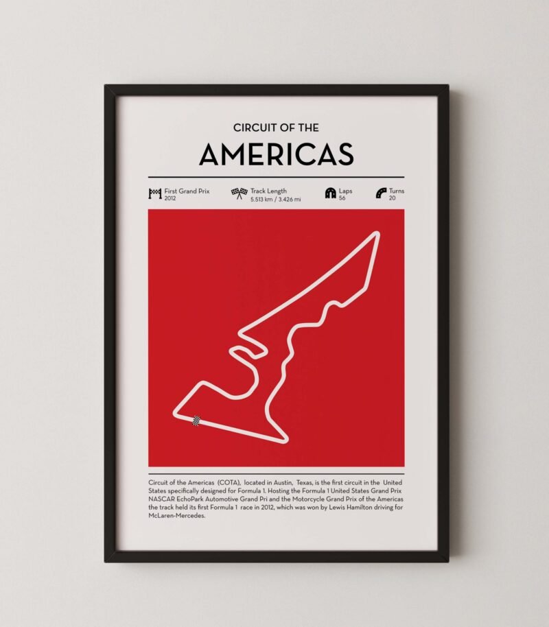 Circuit americas Formula 1 circuit map poster in red color minimalist racing wall art