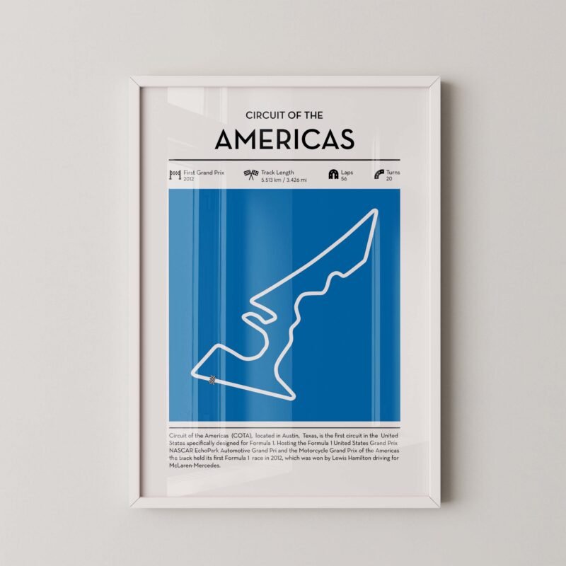 austin racing circuit wall art featuring a clean and modern F1 track map layout