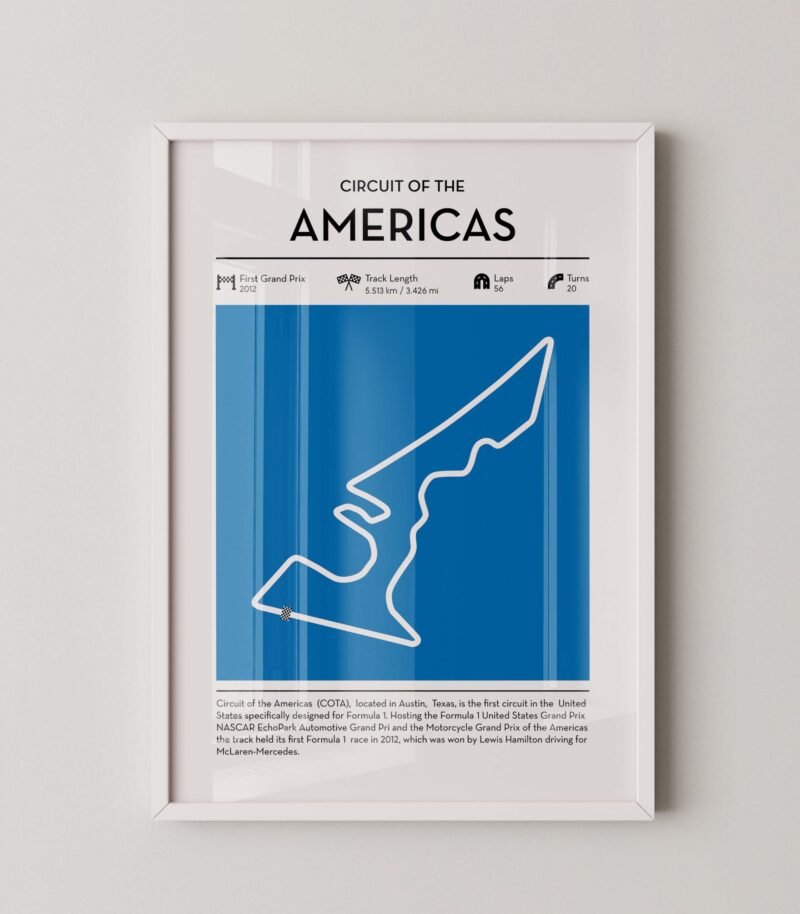 austin racing circuit wall art featuring a clean and modern F1 track map layout