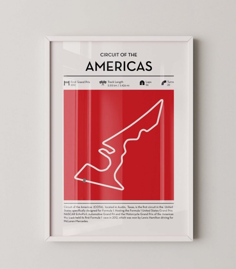 Circuit americas Formula 1 circuit map poster in red color minimalist racing wall art