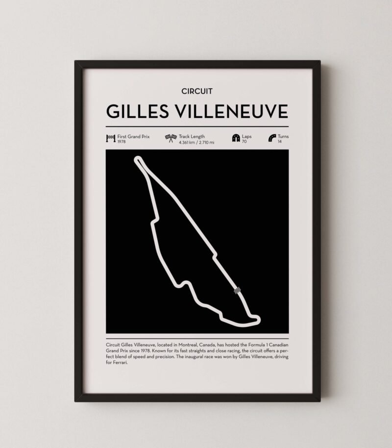 Gilles Villeneuve racing circuit wall art featuring a clean and modern F1 track map layout