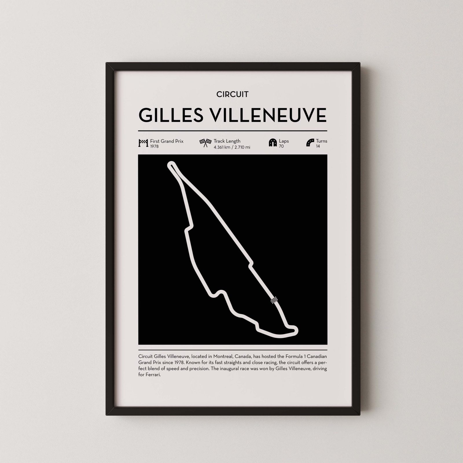 Gilles Villeneuve racing circuit wall art featuring a clean and modern F1 track map layout