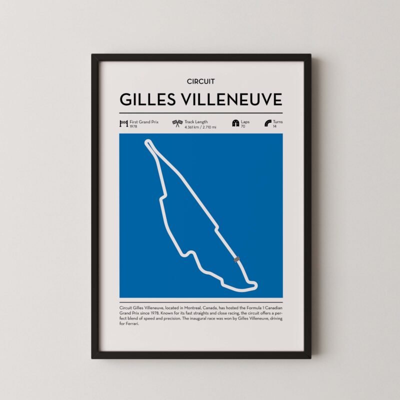 Minimal Gilles Villeneuve F1 track layout poster for motorsport and racing fans