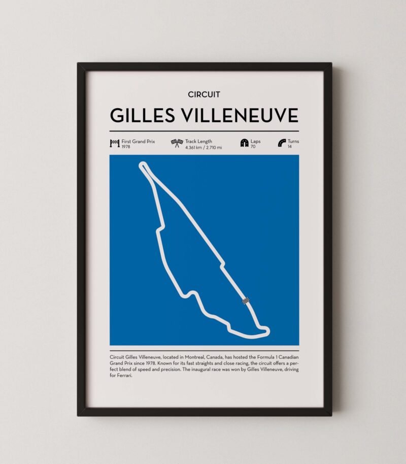 Minimal Gilles Villeneuve F1 track layout poster for motorsport and racing fans