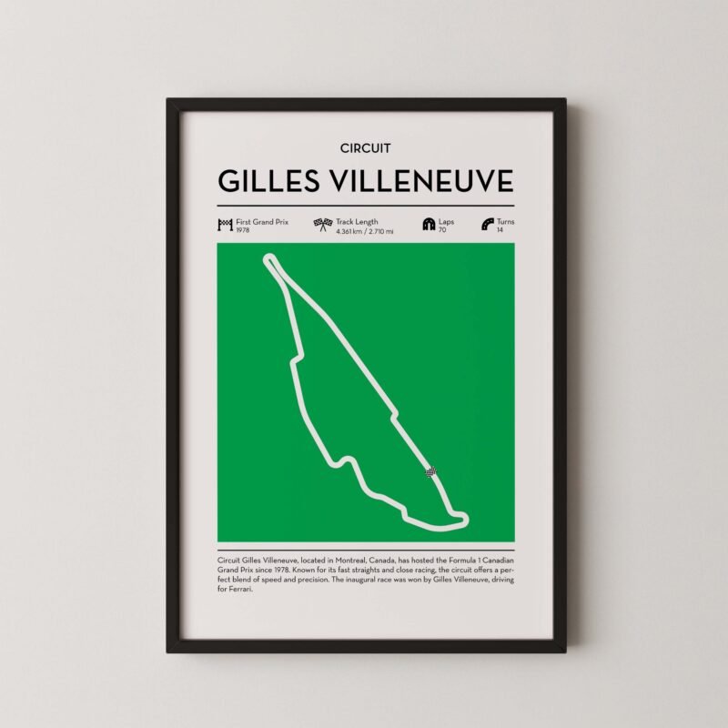 Gilles Villeneuve Formula 1 circuit map poster in red color minimalist racing wall art
