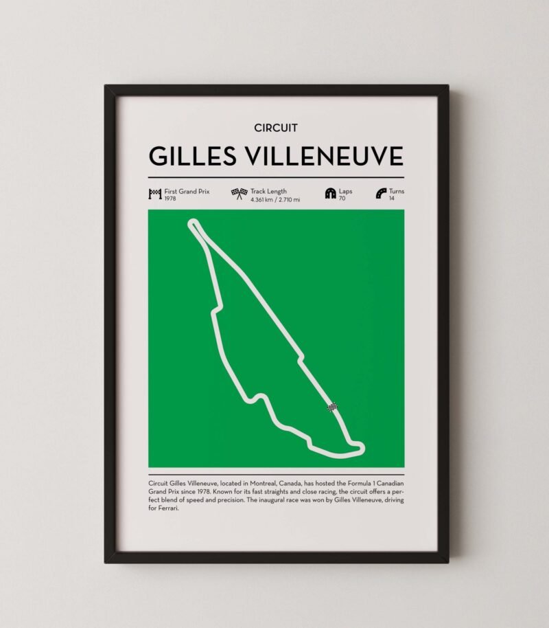 Gilles Villeneuve Formula 1 circuit map poster in red color minimalist racing wall art
