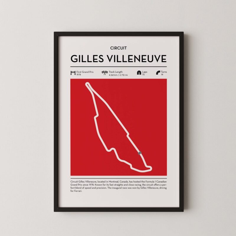 Gilles Villeneuve Formula 1 track map artwork designed for racing and motorsport enthusiasts
