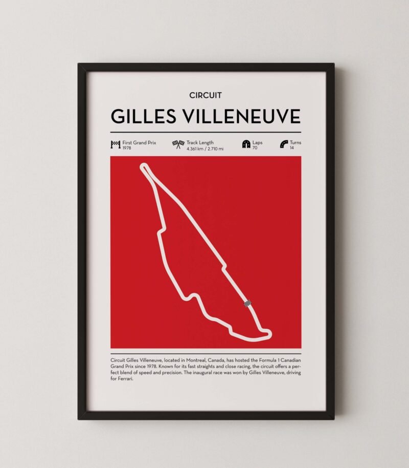 Gilles Villeneuve Formula 1 track map artwork designed for racing and motorsport enthusiasts