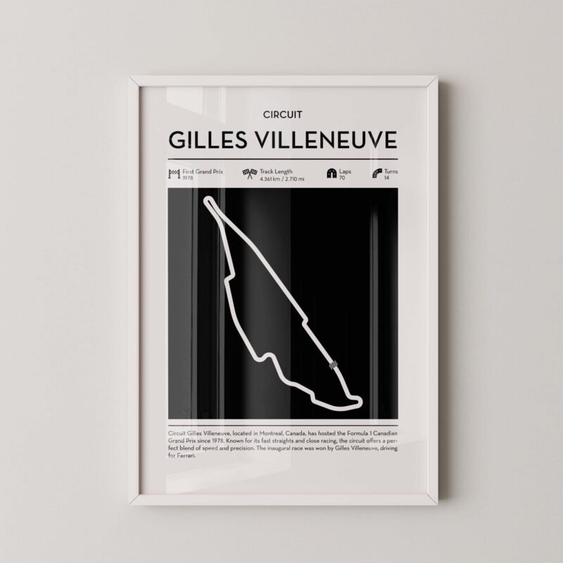 Gilles Villeneuve racing circuit wall art featuring a clean and modern F1 track map layout