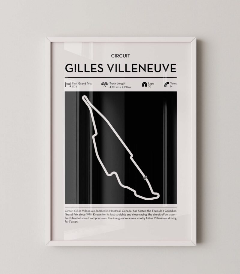 Gilles Villeneuve racing circuit wall art featuring a clean and modern F1 track map layout