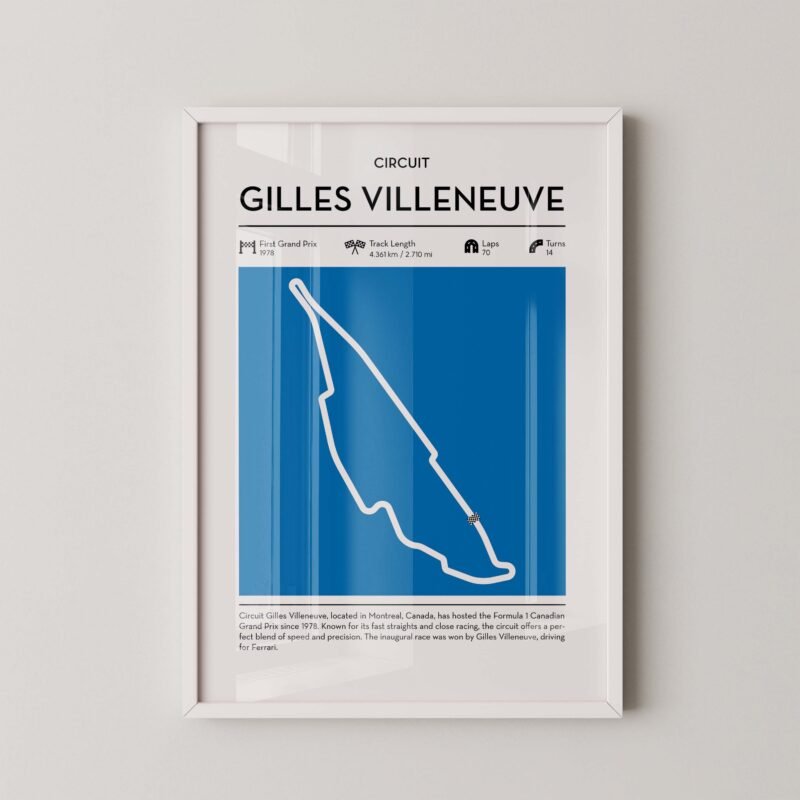 Minimal Gilles Villeneuve F1 track layout poster for motorsport and racing fans