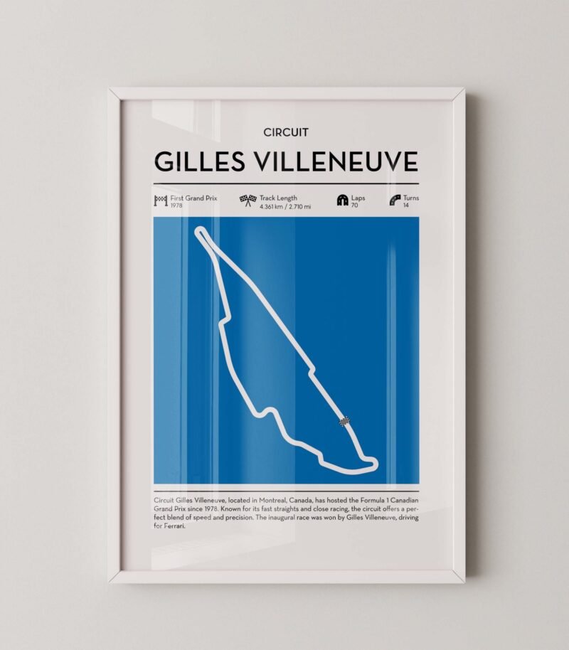 Minimal Gilles Villeneuve F1 track layout poster for motorsport and racing fans