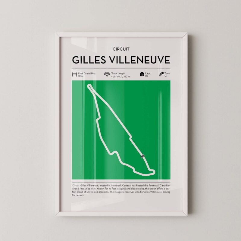Gilles Villeneuve Formula 1 circuit map poster in red color minimalist racing wall art