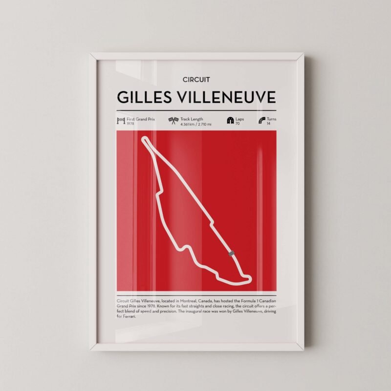 Gilles Villeneuve Formula 1 track map artwork designed for racing and motorsport enthusiasts