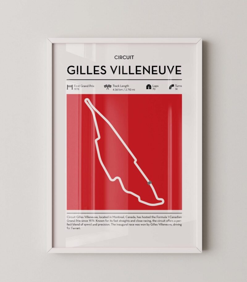 Gilles Villeneuve Formula 1 track map artwork designed for racing and motorsport enthusiasts