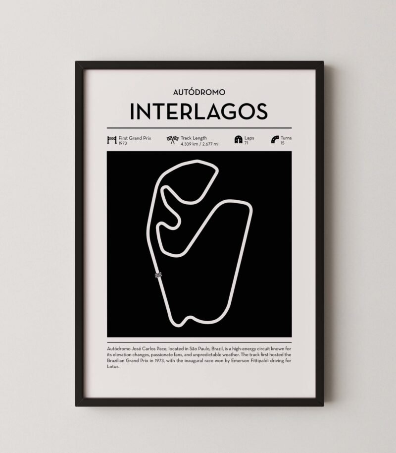 Minimal Interlagos F1 track layout poster for motorsport and racing fans