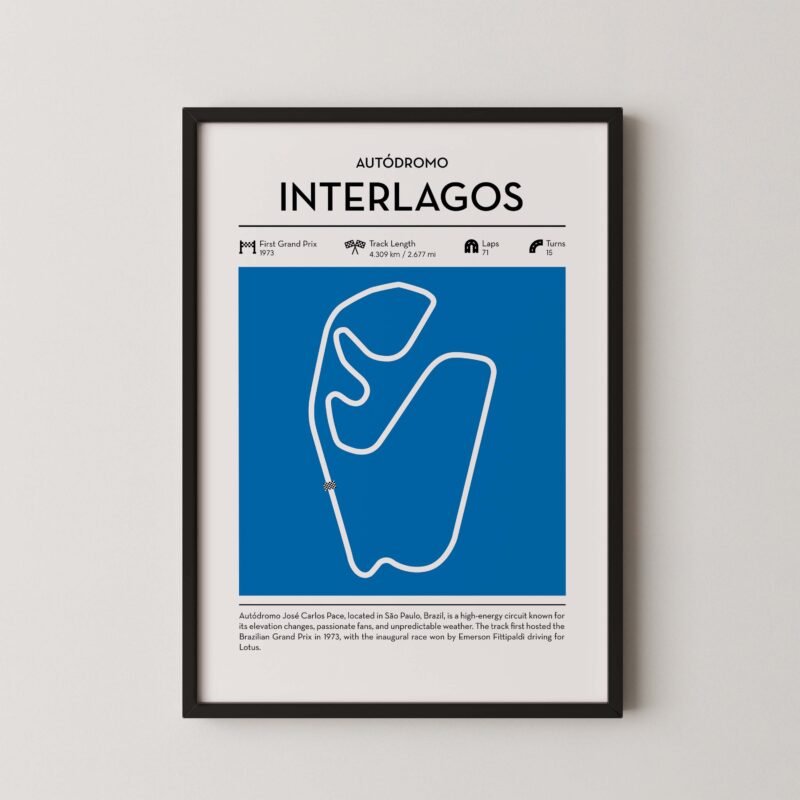 Interlagos racing circuit wall art featuring a clean and modern F1 track map layout