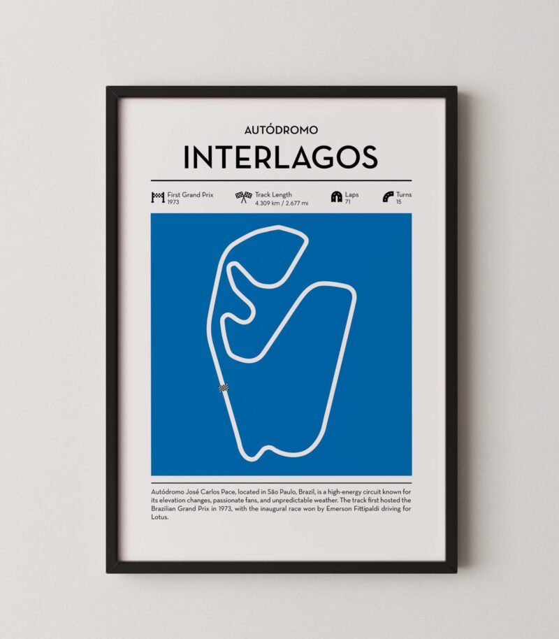 Interlagos racing circuit wall art featuring a clean and modern F1 track map layout