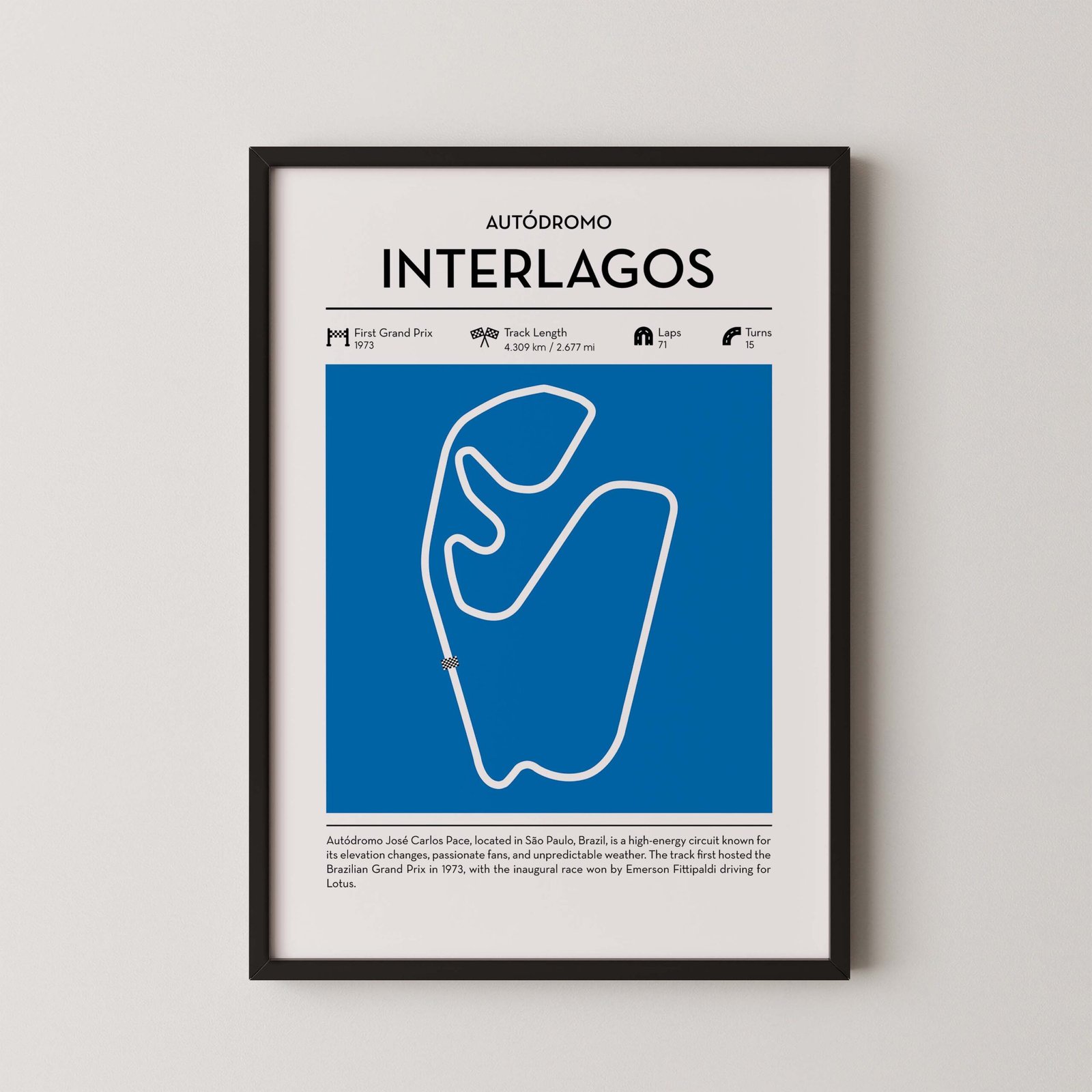 Interlagos racing circuit wall art featuring a clean and modern F1 track map layout
