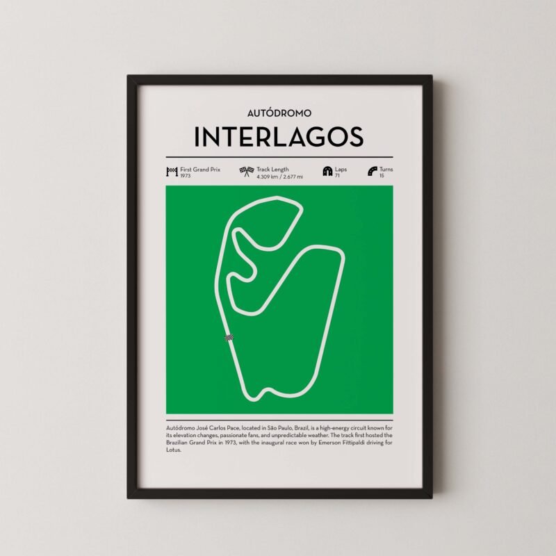 Green Interlagos Formula 1 track map artwork designed for racing and motorsport enthusiasts