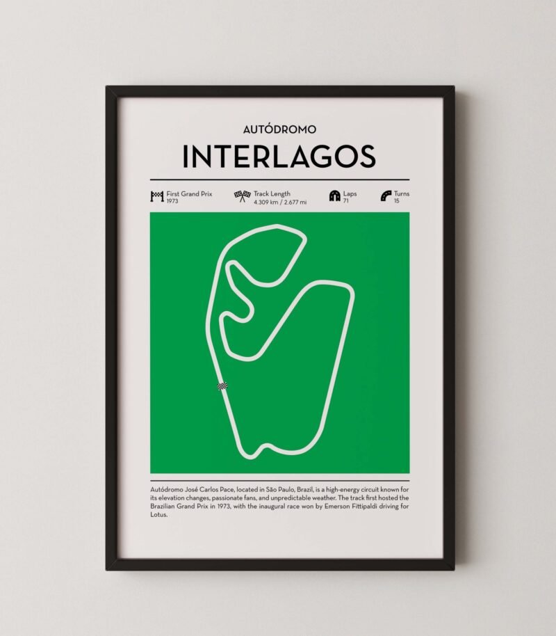 Green Interlagos Formula 1 track map artwork designed for racing and motorsport enthusiasts