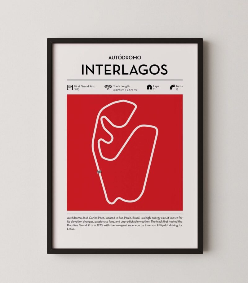 Interlagos Formula 1 circuit map poster in red color minimalist racing wall art