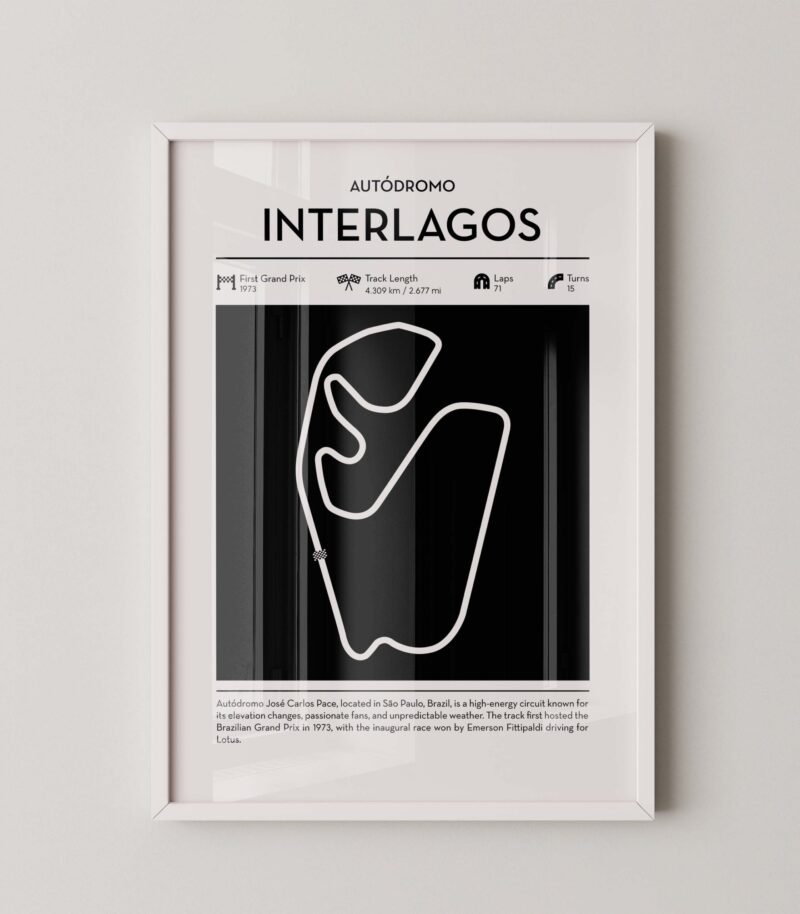 Minimal Interlagos F1 track layout poster for motorsport and racing fans