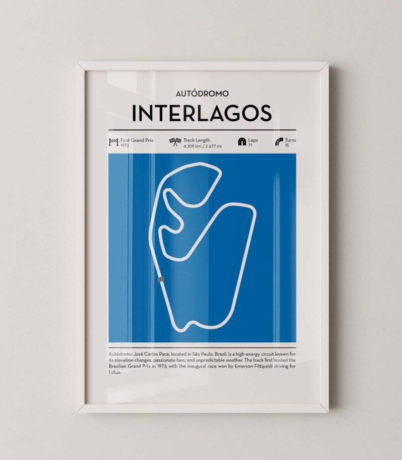 Interlagos racing circuit wall art featuring a clean and modern F1 track map layout