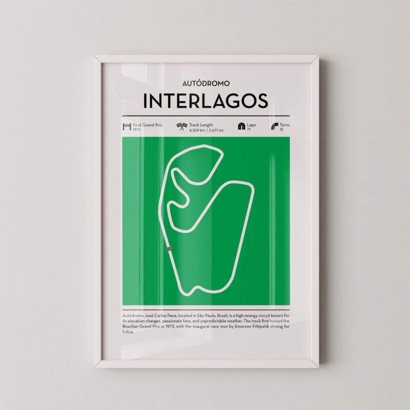 Green Interlagos Formula 1 track map artwork designed for racing and motorsport enthusiasts