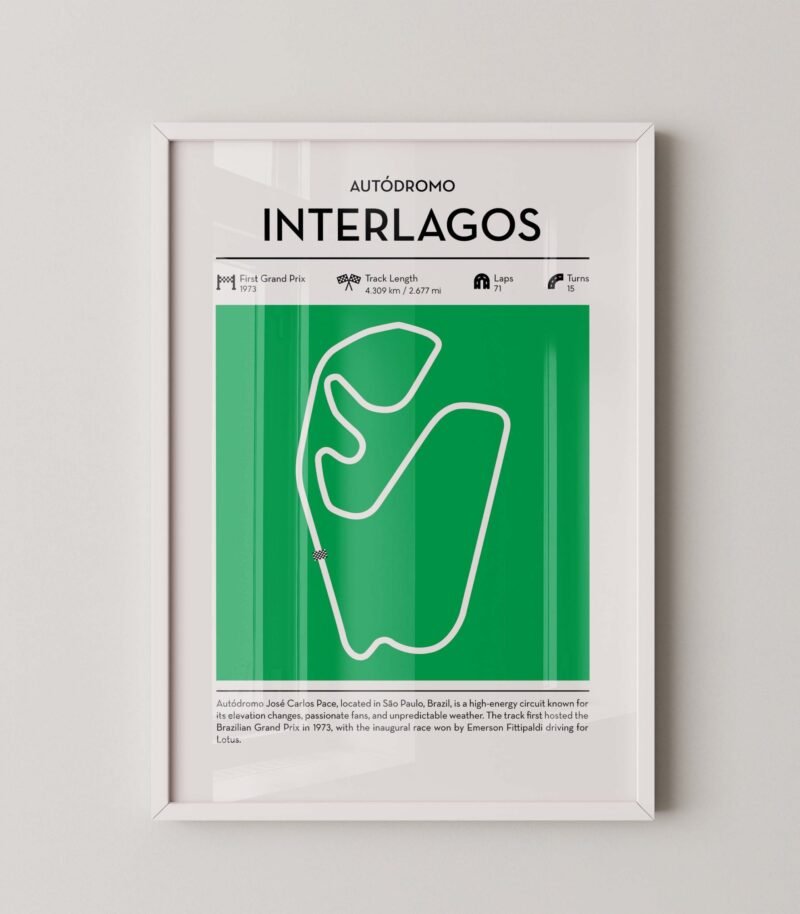 Green Interlagos Formula 1 track map artwork designed for racing and motorsport enthusiasts