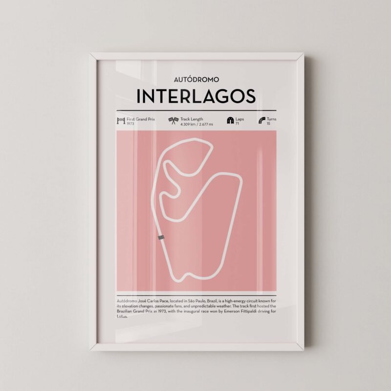 Modern Interlagos Grand Prix circuit poster with minimalist Formula 1 track design