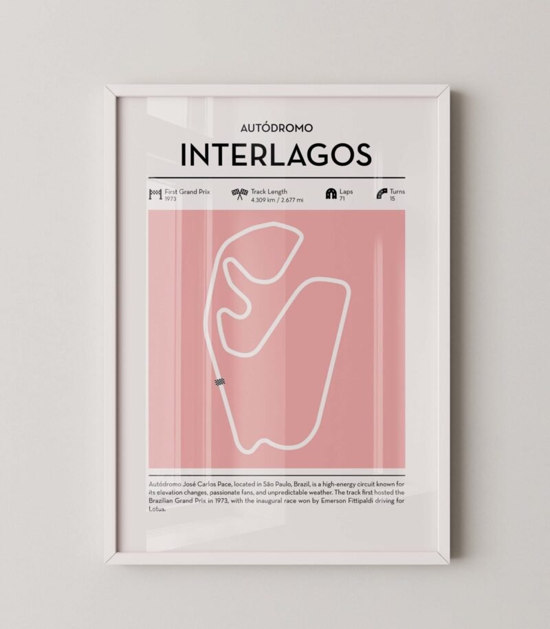Modern Interlagos Grand Prix circuit poster with minimalist Formula 1 track design