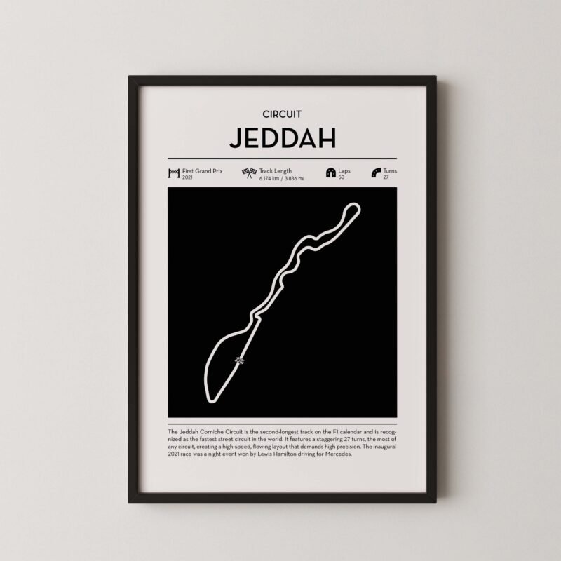 Modern Saudi Arabian circuit poster with minimalist Formula 1 track design