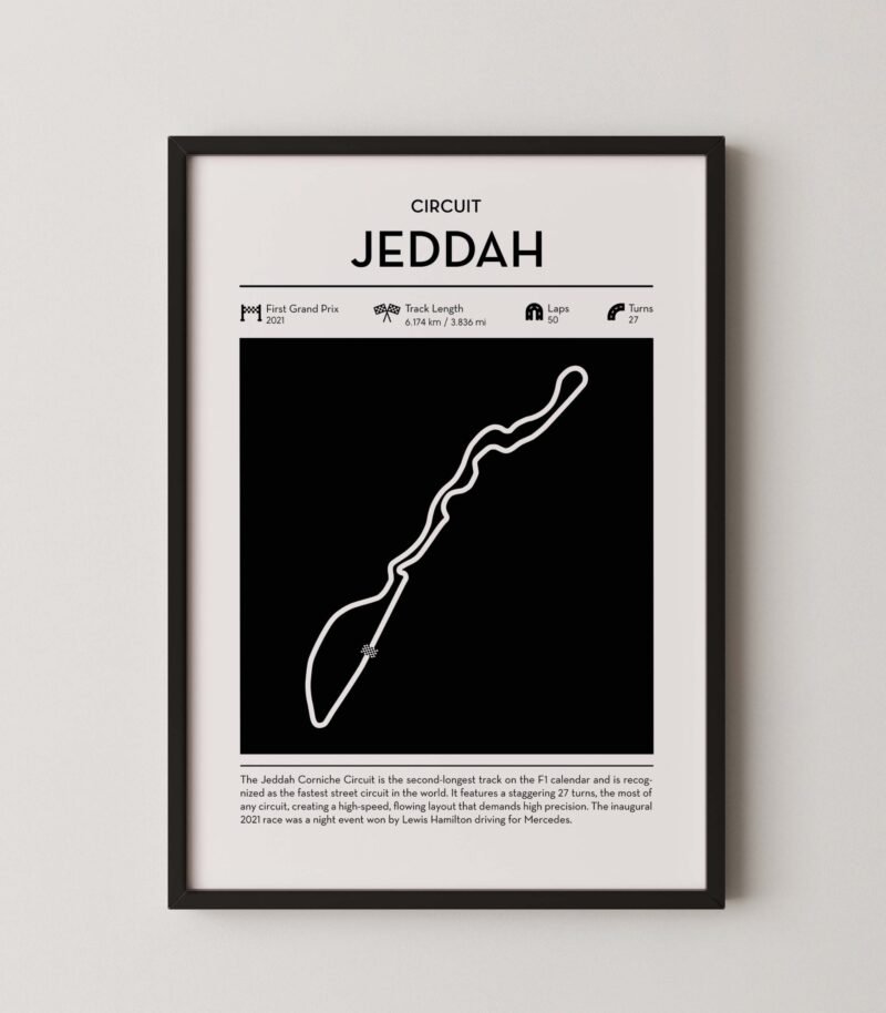 Modern Saudi Arabian circuit poster with minimalist Formula 1 track design