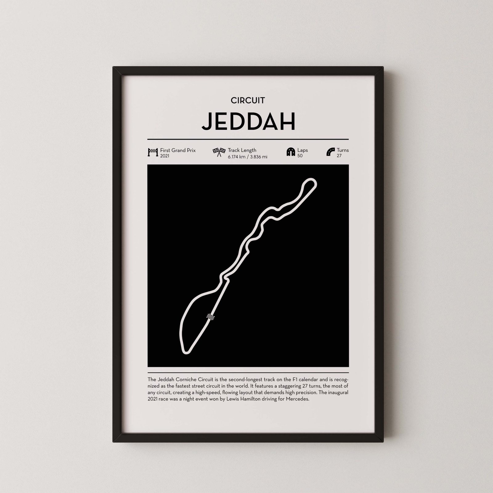 Modern Saudi Arabian circuit poster with minimalist Formula 1 track design