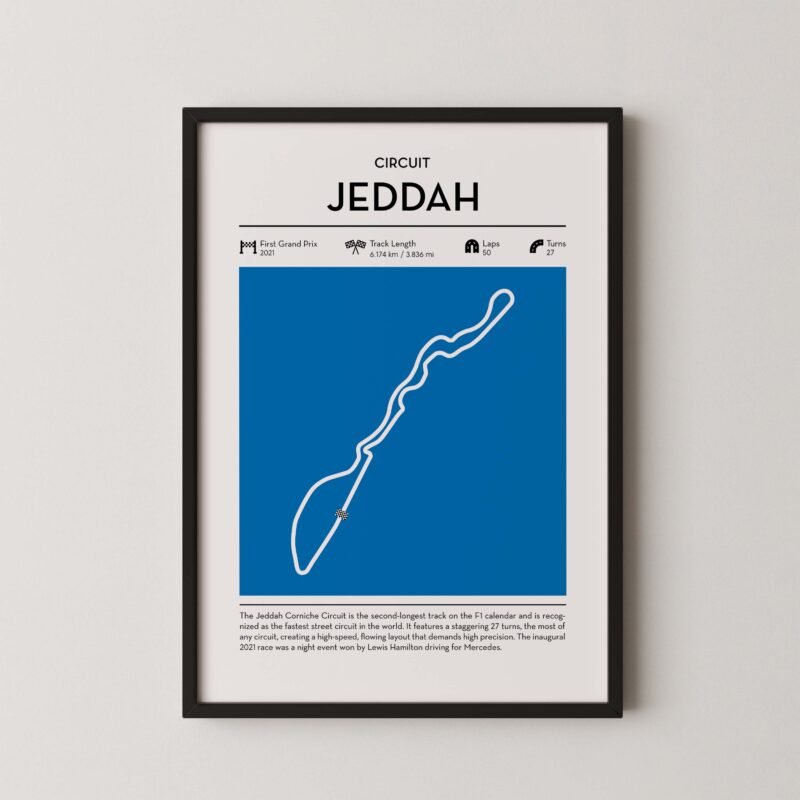 Blue Jeddah Formula 1 track map artwork designed for racing and motorsport enthusiasts
