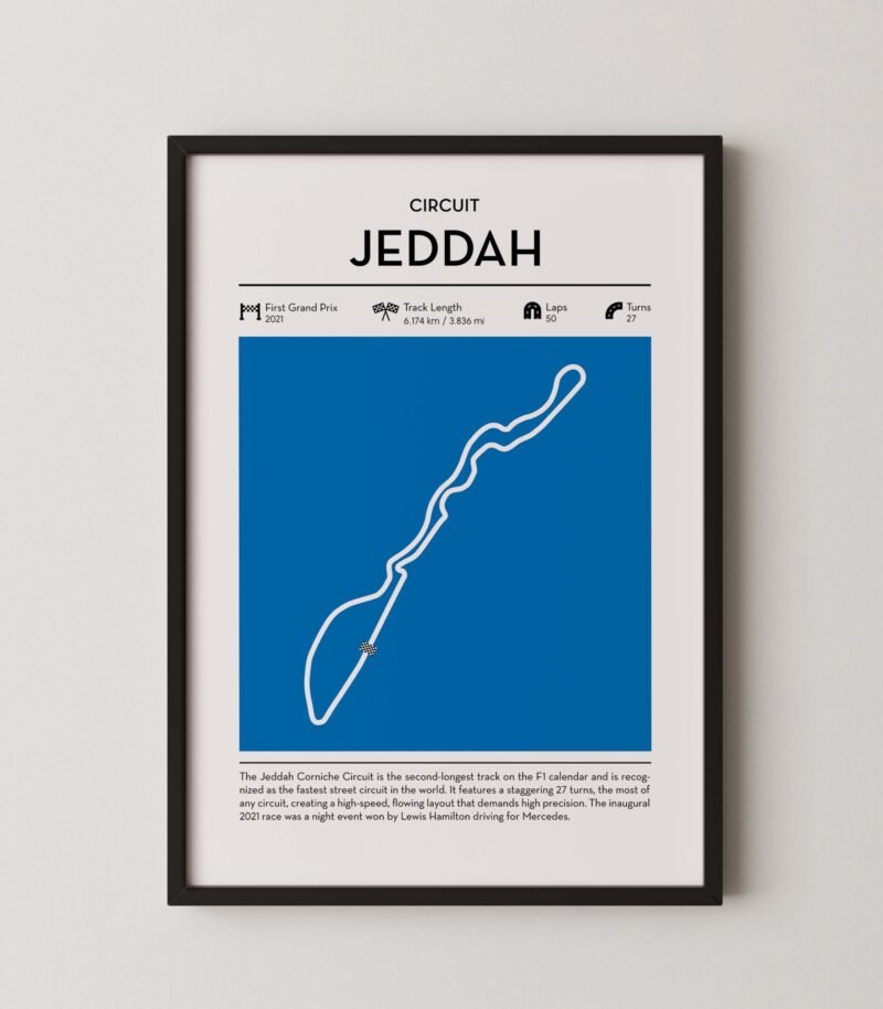 Blue Jeddah Formula 1 track map artwork designed for racing and motorsport enthusiasts